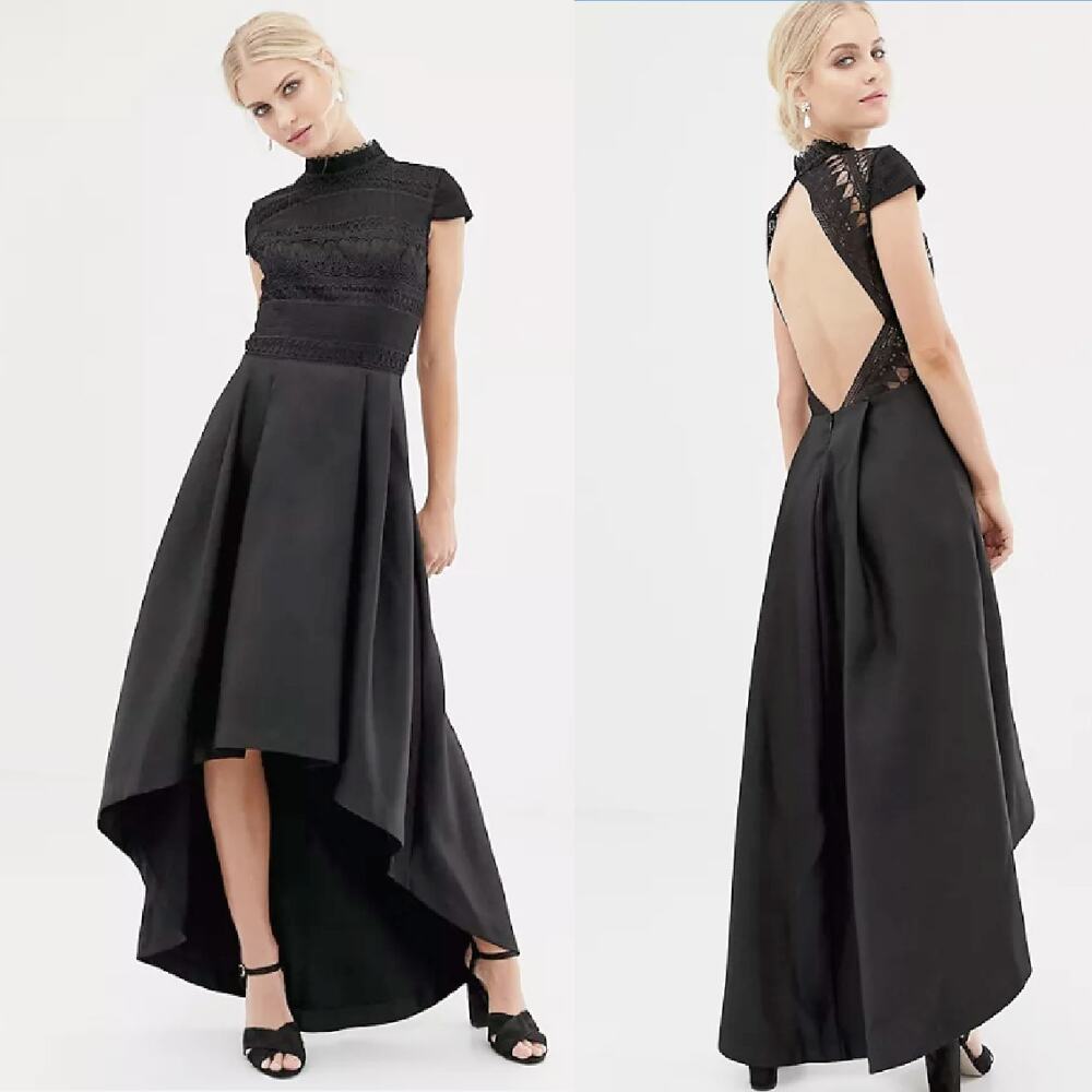 Chi Chi London Kiana Dress NWT Black Lace High Low Open Back Cocktail Gown Sz 2